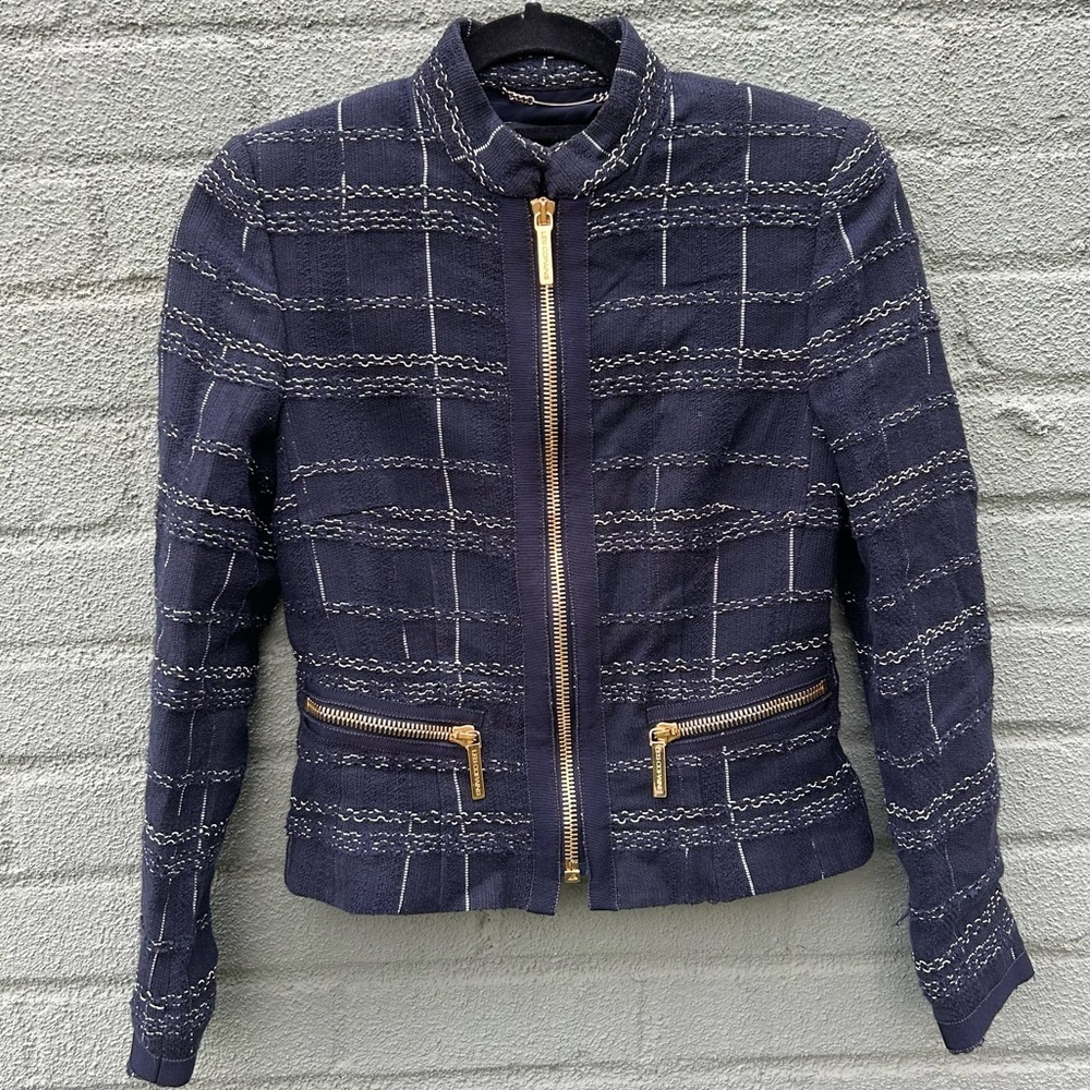Les Copains Knit Cropped Zippered Jacket Blue White Size 2 -4 Made in Italy